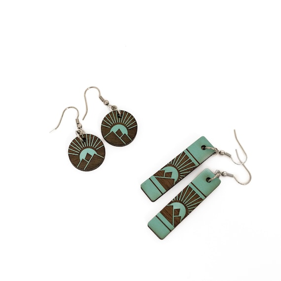 Painted Wood Dangle Earrings, Earrings for Women, Teal Wood, Mountain Wood Earrings, Women's Dangles, Wood Earrings Dangling