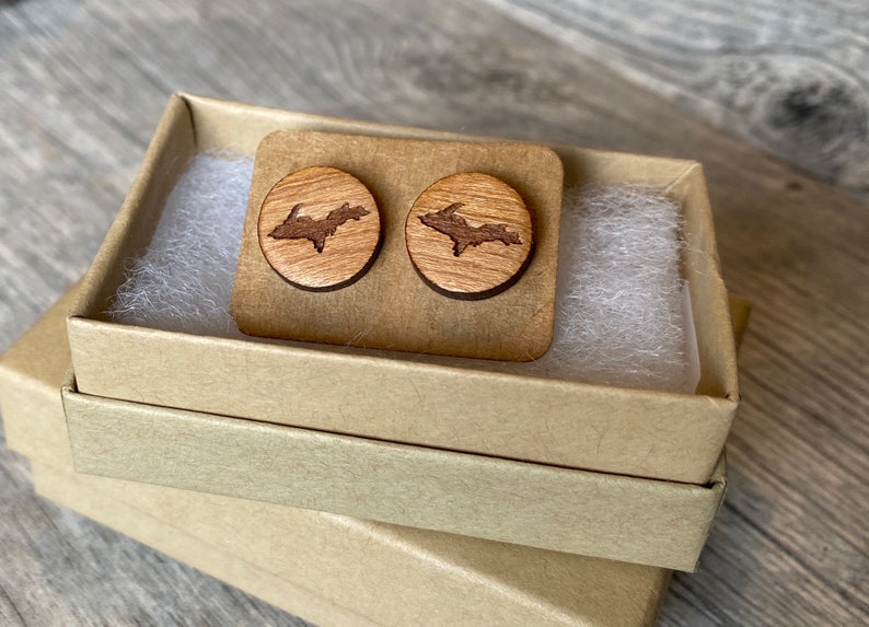 Wooden Stud Earrings, Michigan Upper Peninsula, Wood Stud Earrings, Yooper Earrings, U.P. Wood Earrings, U.P. Earrings, Marquette Michigan image 6