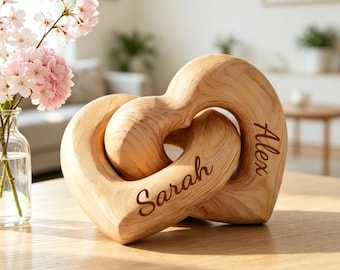 Personalized Anniversary Gift for Her or Him, Infinity Heart with Couple Names, Custom Engraved Wooden Keepsake