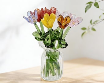 7 Stück mundgeblasene Glasblumenstrauß mit Minivase - Handgemachte Schreibtischdekoration, Blumenglaskunst Geschenk, Geburtstags- und Jahrestagsgeschenk, Geschenk für Sie