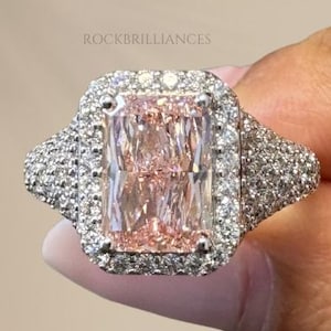1.00 CT Radiant Cut Pink Lab Grown Diamond Ring, Fancy Pink Lab Created Diamond, Halo/Pave Engagement Ring, Anniversary Ring, Color Diamond.