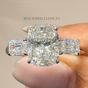 Unique Three Stone Engagement Ring, Elongated Cushion Diamond with Side Emerald, Lab Grown Diamond Wedding Ring,IGI Certified,Ring for Her