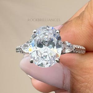 1.5 CT Oval Lab Grown Diamond Engagement Ring , Three Stone With Pave Wedding Ring , IGI Certified Diamond Ring , Gift For Her .