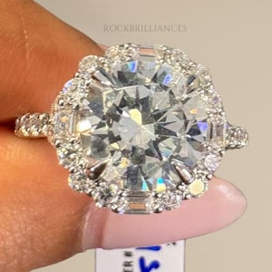 Lab Grown Diamond Ring , 1.50 CT Round and Baguette Halo ,D VS Clarity Engagement Ring , Comfort Fit Wedding Ring ,Eco Friendly Jewelry Gift