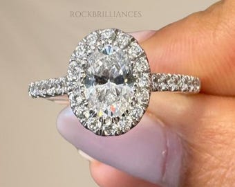 Oval Lab Grown Diamond Halo Engagement Ring: Pave Band, IGI Certified