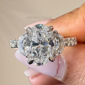 2.00 CT Oval Cut Lab Grown Diamond Engagement Ring, Three Stone Engagement Ring, Side Half Moon Lab Diamonds, IGI Certified, Ring for Women.