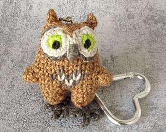 Mini Owl keyring charm, pendant with snap hook, small stuffed toy, gift idea for bird lovers, funny accessory brown baby owl, birdie owlet