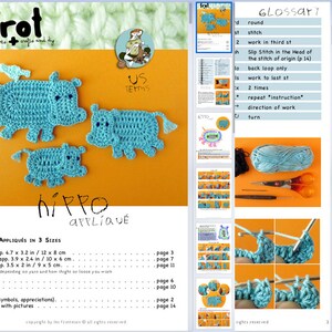 Crochet Pattern Hippo Appliqué, 3 sizes, Hippopotamus Family with little bird tutorial, DIY application with crochet diagram and pictures image 2