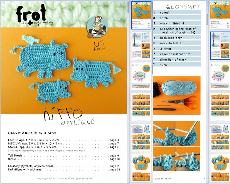 Crochet Pattern Hippo Appliqué, 3 sizes, Hippopotamus Family with little bird tutorial, DIY application with crochet diagram and pictures image 2