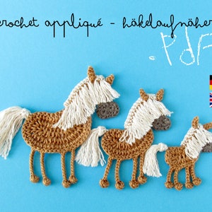 Écusson cheval motif crochet 3 tailles, tutoriel queue cheval Haflinger avec pompons, applique avec grille crochet et photos image 1
