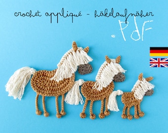 Haakpatroon voor een paardenpatch (3 maten), tutorial voor een Haflinger paard met kwaststaart, applicatie met haakpatroon en foto's