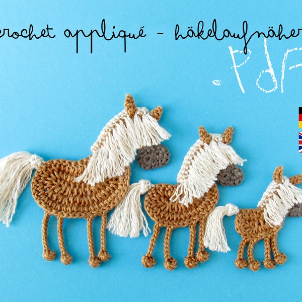 Crochet Pattern Horse Appliqué, 3 sizes, Haflinger Horse with tassel tail tuto, DIY project application with crochet diagram and pictures