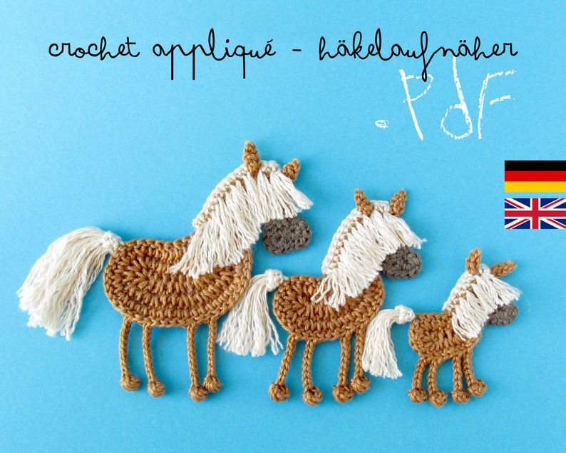 Écusson cheval motif crochet 3 tailles, tutoriel queue cheval Haflinger avec pompons, applique avec grille crochet et photos image 1