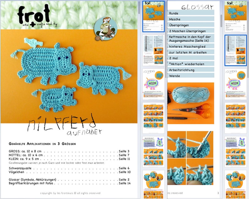 Crochet Pattern Hippo Appliqué, 3 sizes, Hippopotamus Family with little bird tutorial, DIY application with crochet diagram and pictures image 7