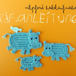 Crochet Pattern Hippo Appliqué, 3 sizes, Hippopotamus Family with little bird tutorial, DIY application with crochet diagram and pictures image 6