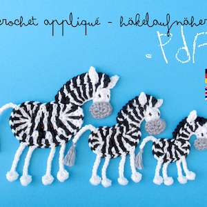 Zebra patch haakpatroon 3 maten, zwart-wit gestreept paard met kwastjesstaart, DIY-projectapplique met gehaakt script en foto's
