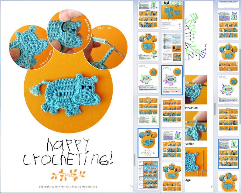 Crochet Pattern Hippo Appliqué, 3 sizes, Hippopotamus Family with little bird tutorial, DIY application with crochet diagram and pictures image 4
