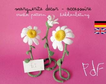 Crochet Pattern Marguerite, Daisy Flower decoration tutorial, spring table decor, DIY gerbera accessory instruction, brooch, cardholder