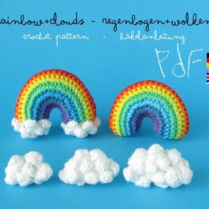 May include: Crochet pattern for a rainbow and clouds. The pattern is available in English and German. The pattern is a PDF download.