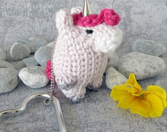 Unicorn, bag charm myth horse in pink, small Toy Animal Pendant with Heart Snap Hook, key chain fob miniature horse, mini unicorn kawaii