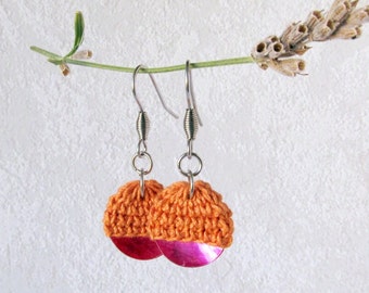 Earrings HalfGlobe, pink orange Dangle Earrings, unique Style Knit Jewelry, silver steel ear hooks, knit coin, ear accessory one of a kind