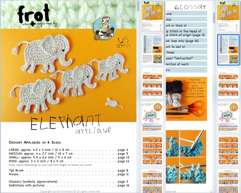 Elephant Appliqué Crochet Pattern, 4 sizes with little mouse tutorial image 2