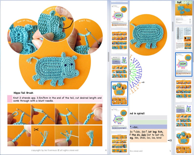 Crochet Pattern Hippo Appliqué, 3 sizes, Hippopotamus Family with little bird tutorial, DIY application with crochet diagram and pictures image 3
