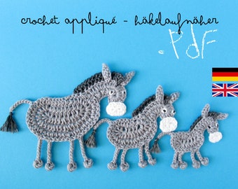 Crochet Pattern Donkey Appliqué, 3 sizes, jackass horse tuto, DIY project application with crochet diagram and pictures