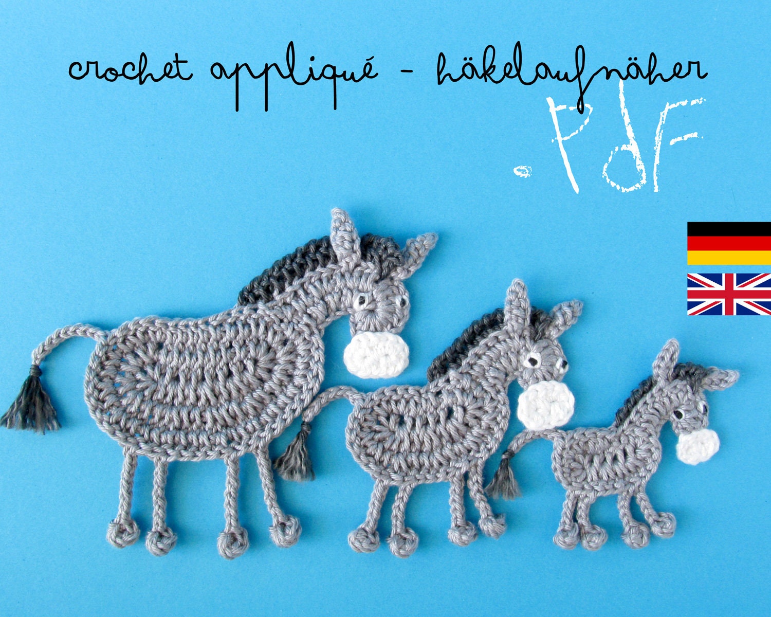 21 Crochet Filet Charts with Blankets, Doilies, and Appliqués 4 Donkey Appliqué Crochet Pattern