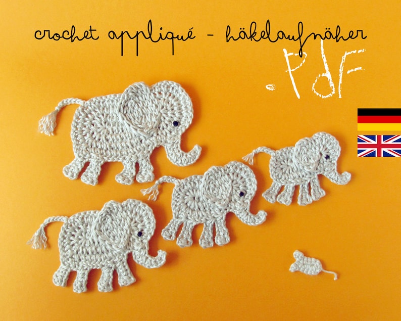 Elephant Appliqué Crochet Pattern, 4 sizes with little mouse tutorial image 1