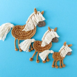 Écusson cheval motif crochet 3 tailles, tutoriel queue cheval Haflinger avec pompons, applique avec grille crochet et photos image 8