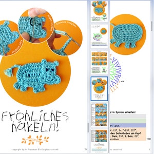 Crochet Pattern Hippo Appliqué, 3 sizes, Hippopotamus Family with little bird tutorial, DIY application with crochet diagram and pictures image 9