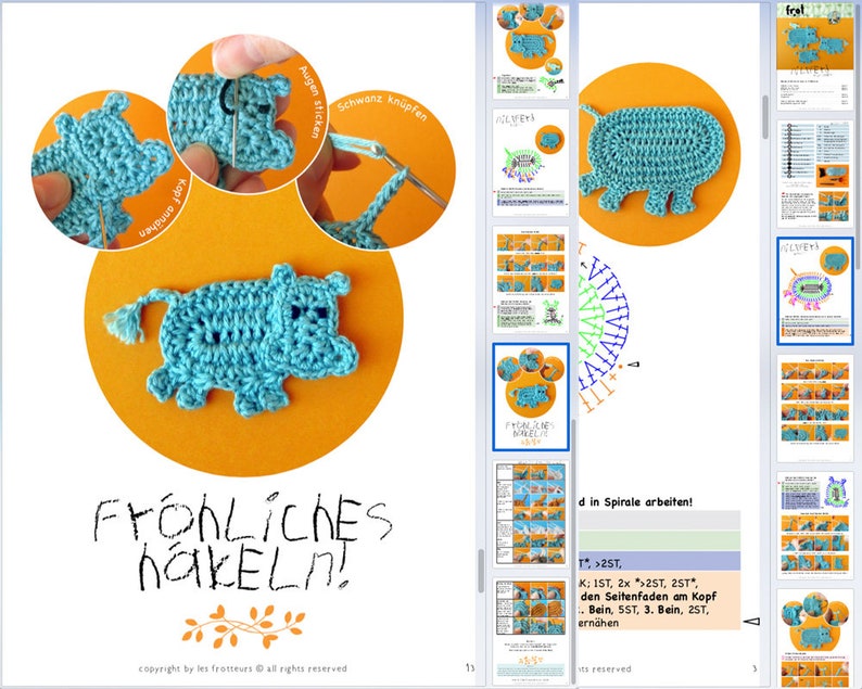 Hippo Patch Crochet Pattern 3 Tailles, Tutoriel Famille Hippo avec Petit Oiseau, Applique de projet DIY avec tableau au crochet et photos image 9