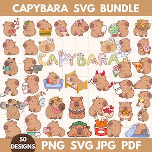 May include: A collection of 50 cartoon capybara designs in various poses and with different accessories. The image includes the text "CAPYBARA SVG BUNDLE" at the top and "50 DESIGNS PNG SVG JPG PDF" at the bottom. The capybaras are in shades of brown.