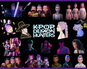 May include: A digital art bundle featuring various K-Pop Demon Hunter characters and illustrations. The image includes multiple character designs, a logo, and the text "50+ PNG FILES BUNDLE" on a purple background.