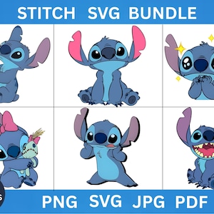 May include: A digital art bundle featuring six different designs of the character Stitch from the animated film. The designs show Stitch in various poses, with the text "STITCH SVG BUNDLE" at the top and file type options at the bottom.