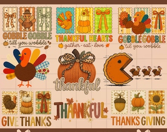10 Thanksgiving PNG Bundle | Fall Sublimation Designs | Cute Turkey,Pumpkin, Thankful, Gobble Gobble, Give Thanks Clipart | Retro Autumn PNG