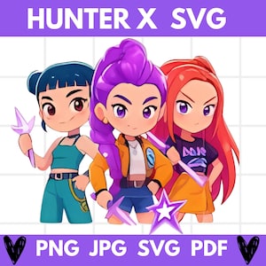 May include: Digital graphic featuring three anime-style characters with vibrant hair colors: blue, purple, and red. The characters are dressed in colorful outfits and hold stylized weapons. The text "HUNTER X SVG" and file type options are displayed.
