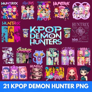 Peut inclure: Une collection de graphiques PNG colorés sur le thème de la K-Pop, avec des personnages de dessins animés et du texte. Les motifs incluent les mots "HUNTRIX", "SAJA BOYS", "DEMON HUNTERS" et "KPOP". L'image a un fond violet foncé avec le texte "21 KPOP DEMON HUNTER PNG" en bas.
