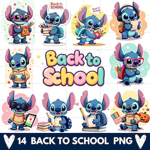 以下が含まれることがあります： リロ＆スティッチのキャラクター、スティッチが様々な学校関連のポーズをとっている14枚のPNG画像のコレクション。 スティッチはバックパック、本、鉛筆、メガネを身につけています。「Back to School」というフレーズも含まれています。