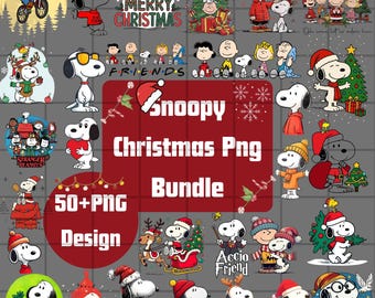 May include: A collection of Snoopy Christmas PNG designs. The image features Snoopy in various festive scenes, including wearing a Santa hat, with Christmas trees, and with friends. Text includes "Merry Christmas", "Friends", and "Snoopy Christmas Png Bundle".