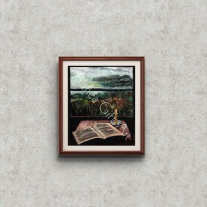 Impression d'art aquarelle jour de pluie fenêtre forêt originale - décoration murale giclée confortable foncé Academia