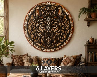 Wolf Head Circle Wall Art SVG | Layered Mandala Laser Cut File (Digital Download)