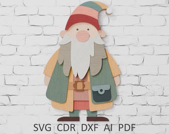 Christmas gnome Multilayer Laser Cut SVG Files, Christmas Old Gnome Layered DIY Cutting, Glowforge, Wooden mandala, Shadow Box Wall Decor