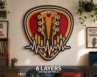 Layered Guitar Headstock Pick SVG | Sound Wave Laser Cut Wall Art (Digital File)