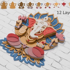 May include: A multi-layered wooden wall art piece depicting the deity Ganesha, featuring 12 distinct layers in shades of blue, red, pink, and natural wood tones. The design includes a lotus base, intricate carvings, and the text 12 Layers.