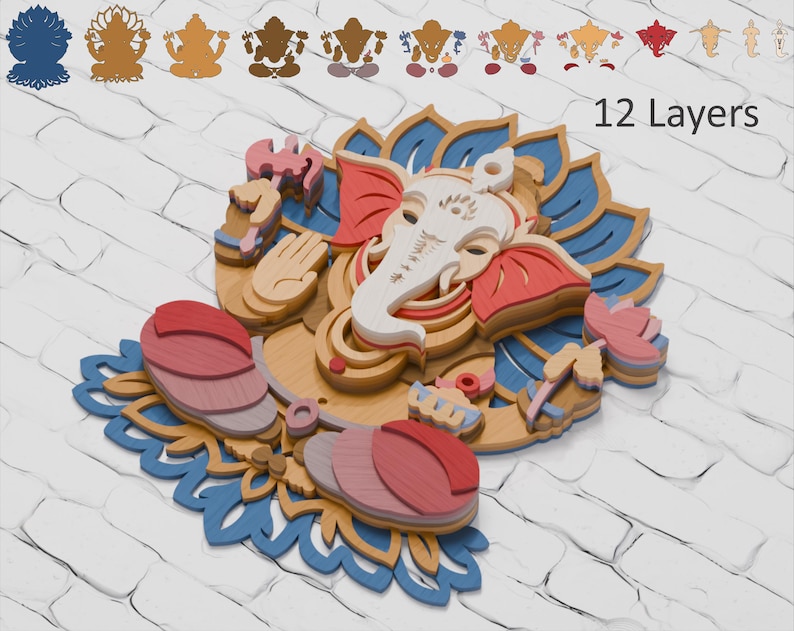 May include: A multi-layered wooden wall art piece depicting the deity Ganesha, featuring 12 distinct layers in shades of blue, red, pink, and natural wood tones. The design includes a lotus base, intricate carvings, and the text 12 Layers.