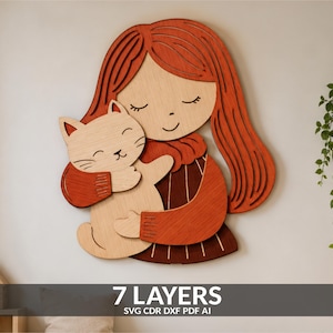 May include: A multi-layered wooden wall art piece depicting a person with long orange hair hugging a light tan cat. The design features seven distinct layers of wood with varying shades of orange, brown, and tan, creating a dimensional effect.