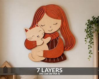 Girl and Cat Papercut Laser Cut Files, Layered SVG, Glowforge Plans (Digital Download)