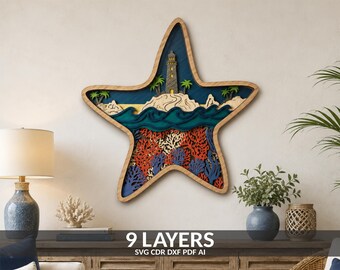 Starfish Beach Layered Wooden Laser Cut File, Tropical Theme SVG DXF (Digital Download)